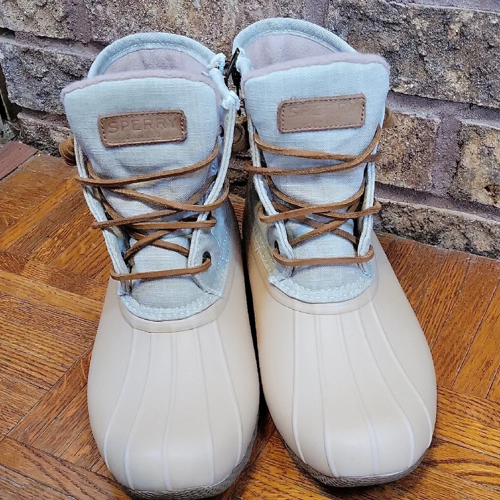 Sperry Women's Saltwater Waterproof Rubber Duck Boots Size 9.5 Beige and Gray